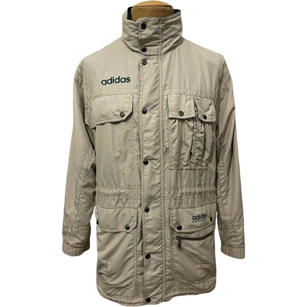 VTG Adidas Men's Jacket Outdoors‎ Beige Green Multiple Pockets Size Small